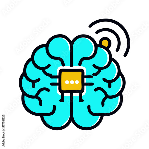 Smart brain icon featuring a microchip and wireless signal in blue and turquoise colors on white background