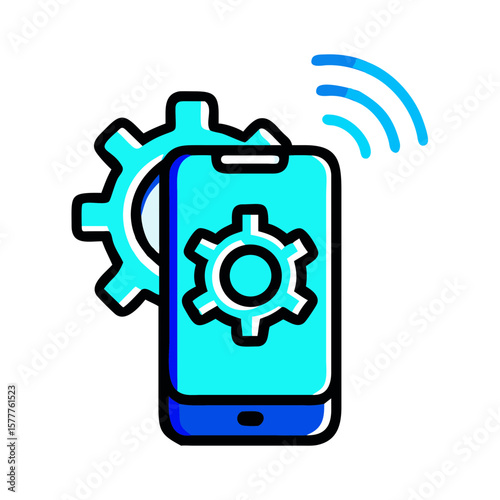 Smart settings icon featuring a smartphone and gear in blue and turquoise colors on white background