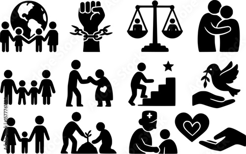 Social impact and global justice icon collection – silhouettes of unity, injustice, poverty, migration, environmental care, civil rights, healthcare aid, peace dove, community support symbols