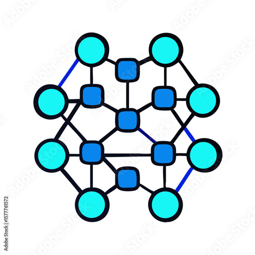 AI connections diagram with nodes and links in blue and turquoise colors on white background