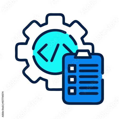 AI code icon with gear and checklist in blue and turquoise colors on white background