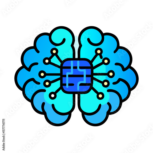 Brain computing icon featuring microchip and neural connections in blue and turquoise colors on white background