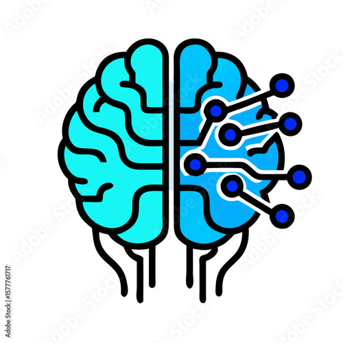Brain in circuit board illustration with neural connections in blue and turquoise colors on white background