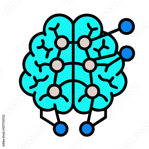 Brain with AI nodes illustration in blue and turquoise colors on white background