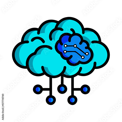 Cloud AI icon featuring a brain and connected nodes in blue and turquoise colors on white background