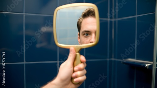 A hand holding a golden handheld mirror reflecting a man's eye and forehead, set against a blue tiled bathroom wall, focusing on self-perception.