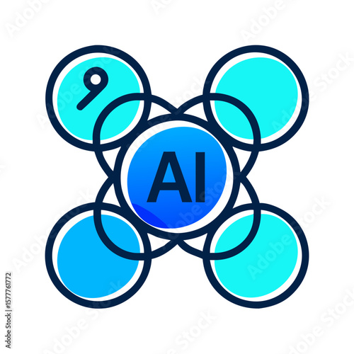 Connected circles AI illustration featuring a central AI text in blue and turquoise colors on white background