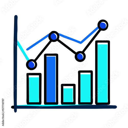 Data analysis chart illustration featuring bars and lines in blue and turquoise colors on white background