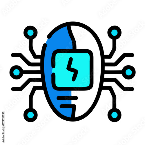 Cyborg interface icon featuring a microchip and connected lines in blue and turquoise colors on white background