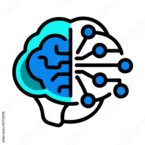 Deep AI system illustration featuring a brain with neural connections in blue and turquoise colors on white background