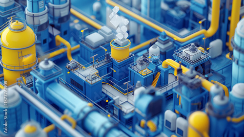 Stylized isometric 3D illustration of a futuristic blue and yellow industrial plant
