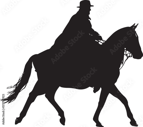 Cowboy Wearing Hat and Long Scarf Racing on Horse Silhouette Vector Illustration on Transparent Background