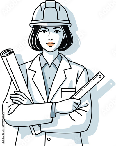 Confident female engineer holding blueprints and ruler, ready for design.
