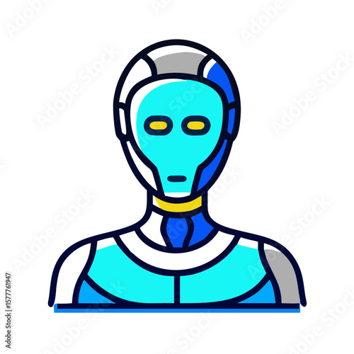 Humanoid robot profile illustration in blue and turquoise colors on white background
