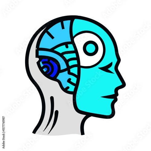 Human vs Robot head illustration showing duality in design with blue and turquoise colors on white background