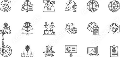 Global Business, International Trade line icon set. Vector pictograms of worldwide commerce, logistics, digital connectivity, supply chain, globalization thin linear