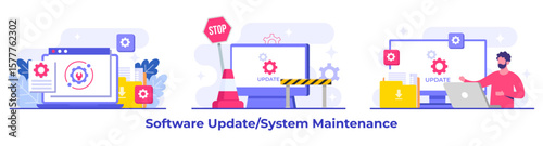 System maintenance, Error, Fixing trouble, Device updating, Software system under maintenance vector illustration, Software upgrade process on devices, System update, People update operation system