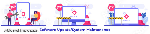 System maintenance, Error, Fixing trouble, Device updating, Software system under maintenance vector illustration, Software upgrade process on devices, System update, People update operation system