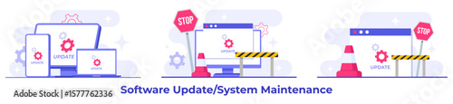 System maintenance, Error, Fixing trouble, Device updating, Software system under maintenance vector illustration, Software upgrade process on devices, System update, People update operation system