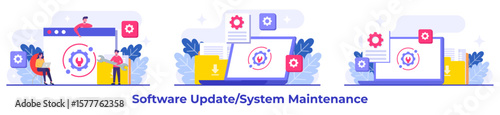 System maintenance, Error, Fixing trouble, Device updating, Software system under maintenance vector illustration, Software upgrade process on devices, System update, People update operation system