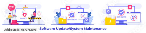 System maintenance, Error, Fixing trouble, Device updating, Software system under maintenance vector illustration, Software upgrade process on devices, System update, People update operation system