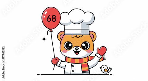 Cartoon Bear Chef with Red Balloon Number Sixty-Eight and Small Bird