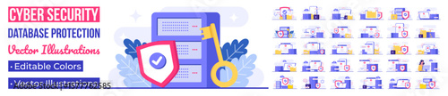 Set of Cyber security flat Illustrations, Database protection, Data Center, File management, cloud storage, Privacy data protection concept for landing page, mobile app, web banner, infographic
