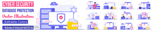 Set of Cyber security flat Illustrations, Database protection, Data Center, File management, cloud storage, Privacy data protection concept for landing page, mobile app, web banner, infographic