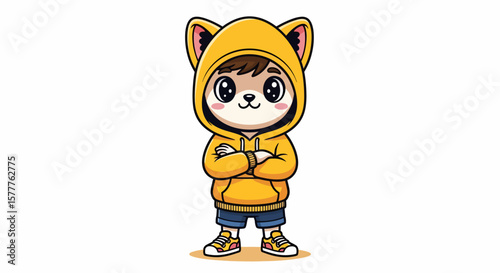 Cartoon boy with crossed arms wearing a yellow hoodie with cat ears