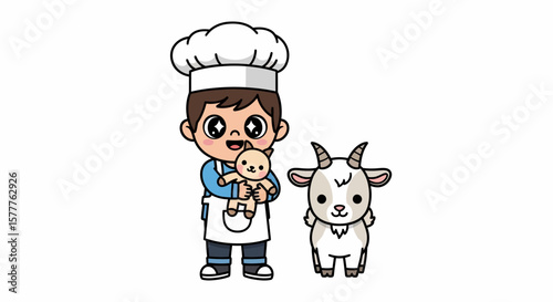 Cartoon Chef Boy Holding Teddy Bear with Cartoon Goat Friend