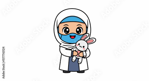 Cartoon doctor wearing hijab and mask holding a cute bunny plush
