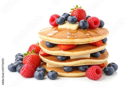 Wallpaper Mural Delicious Berry Pancakes with Butter - A stack of golden pancakes topped with fresh strawberries, raspberries, blueberries, and a pat of butter. Torontodigital.ca