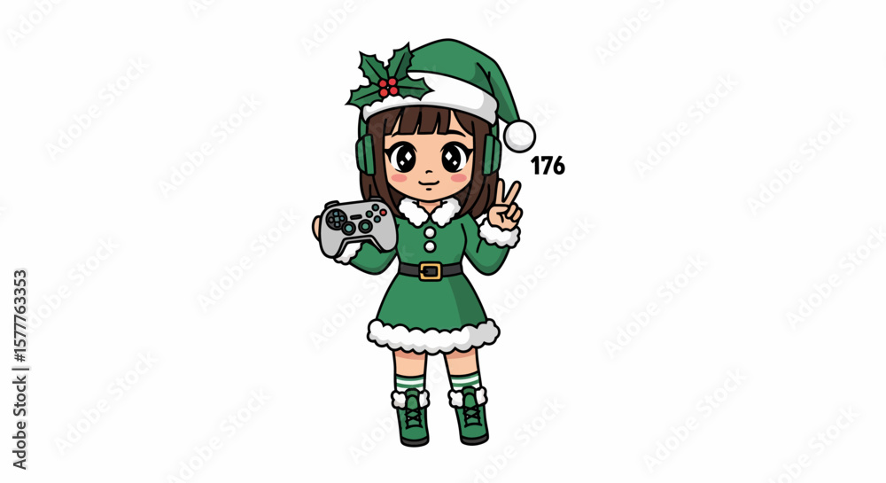 Fototapeta premium Cartoon Gamer Girl in Festive Elf Costume with Controller and Peace Sign