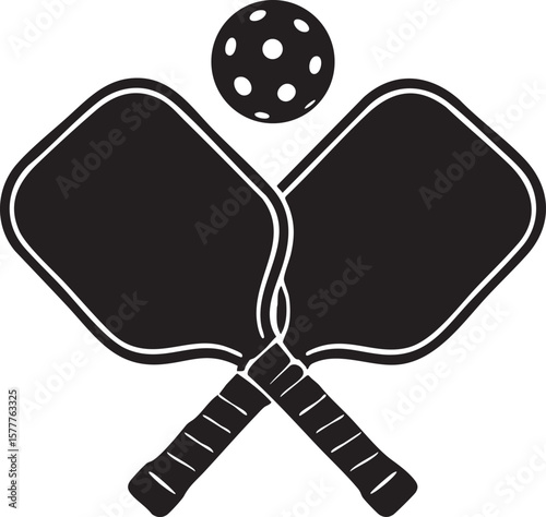 Pickleball Paddle and Ball Icon Black and White Graphic
