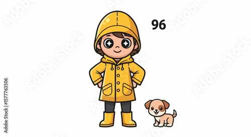 Cartoon girl in yellow raincoat with star eyes and small dog illustration