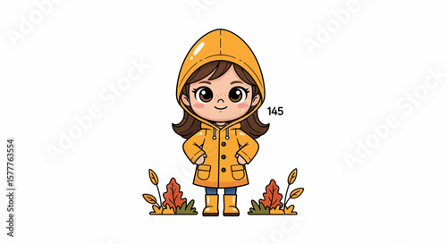 Cartoon girl with brown hair and eyes wearing a yellow raincoat and boots