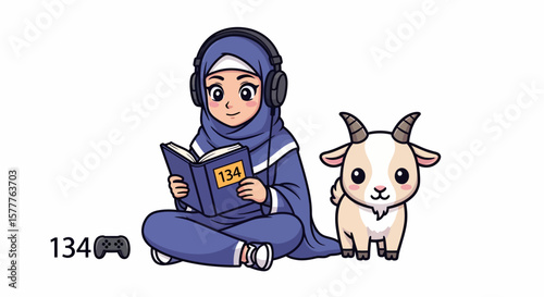 Cartoon Hijabi Girl Reading Book with Goat and Game Controller
