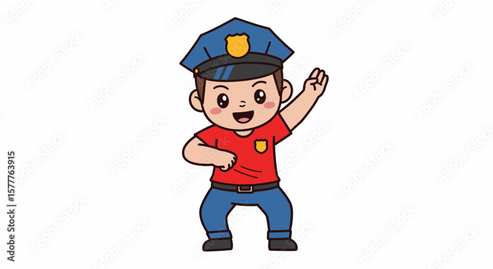 Fototapeta premium Cartoon Policeman with Blue Uniform and Raised Hand, Expressing Joy