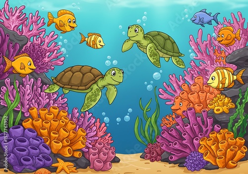 Fototapeta Naklejka Na Ścianę i Meble -  Colorful cartoon coral reef with turtles and fish