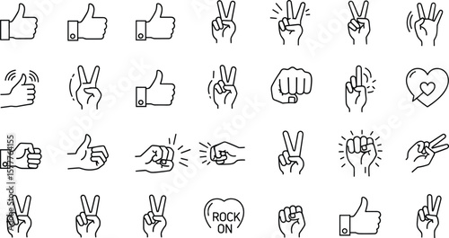 Hand gesture line icon set. Vector pictograms of thumbs up, peace sign, high five, fist bump, rock on, heart shape thin linear illustration for communication, expressions,