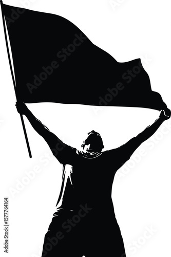 Silhouetted man joyfully holding a large flag aloft.