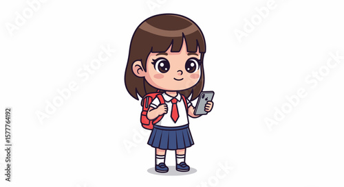 Cartoon schoolgirl with brown hair, red tie, backpack, and smartphone