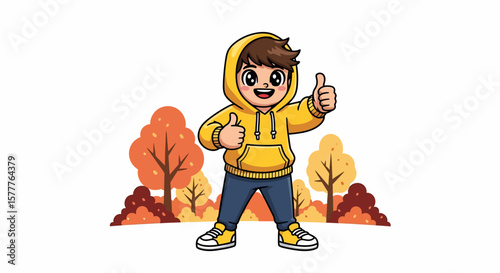 Cheerful Boy in Yellow Hoodie Giving Thumbs Up in Autumnal Scene.