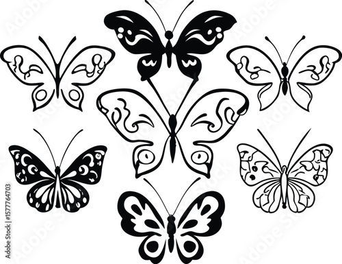 Black Butterfly Silhouette Vector Set – Tribal and Decorative Ink Style Designs