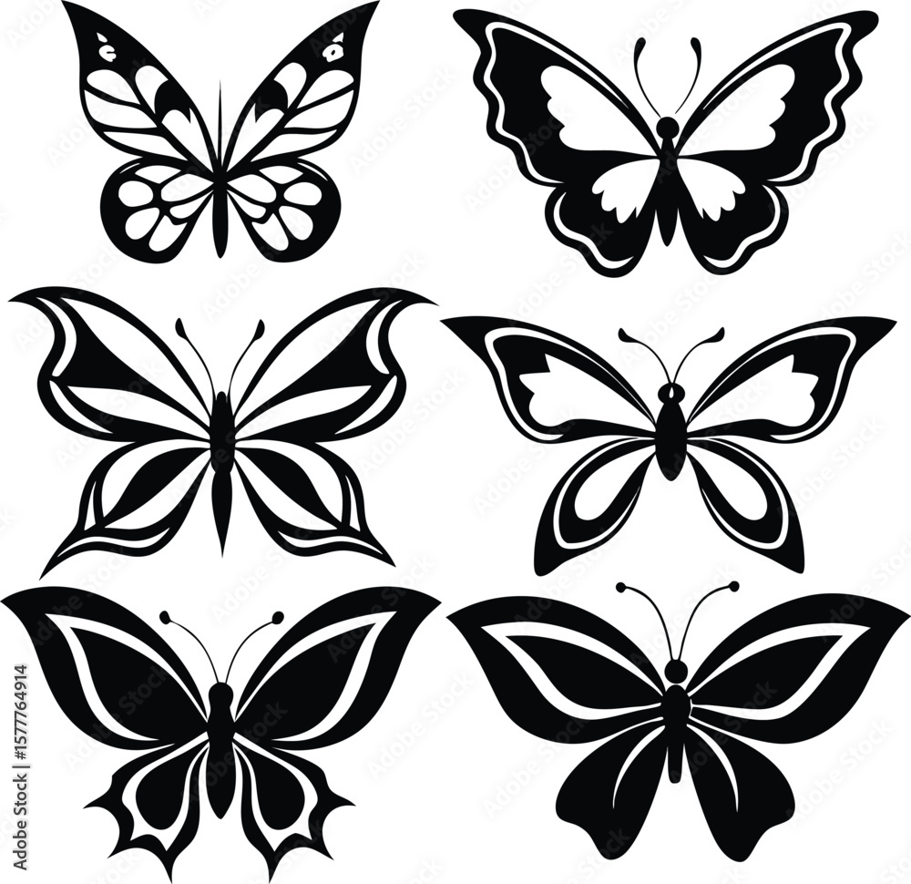 Obraz premium Black Butterfly Silhouette Vector Set – Tribal and Decorative Ink Style Designs