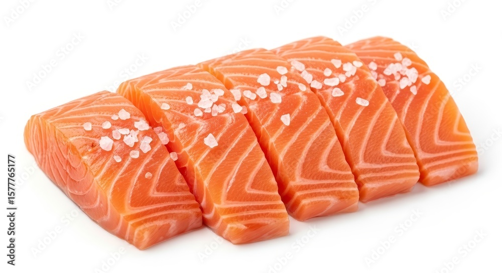 Fresh Raw Salmon Slices with Sea Salt - Premium quality, raw salmon fillet, cut into elegant slices, seasoned with coarse sea salt. Fresh Raw Salmon Slices with Sea Salt - Premium quality, raw salmon fillet, cut into elegant slices, seasoned with coarse sea salt.