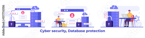 Set of Cyber security flat Illustrations, Database protection, Data Center, File management, cloud storage, Privacy data protection concept for landing page, mobile app, web banner, infographic