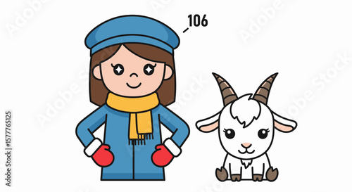 Cute Winter Girl and Goat Cartoon Illustration