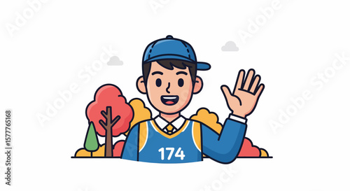 Friendly Cartoon Character Waving in Park Setting