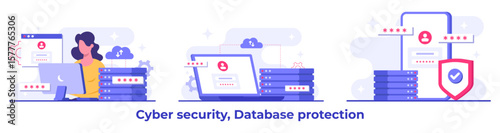 Set of Cyber security flat Illustrations, Database protection, Data Center, File management, cloud storage, Privacy data protection concept for landing page, mobile app, web banner, infographic